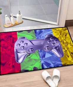 Blue Gamer Rug for Boys Room Decor with Gamepad Player Standing Design