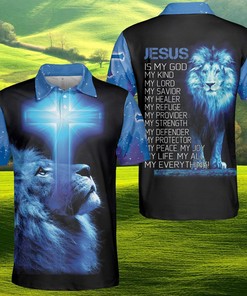 Blue Lion Cross Jesus Is My God Polo Shirt