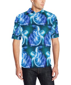 Blue Neon Sea Turtle Print Men Polo Shirt