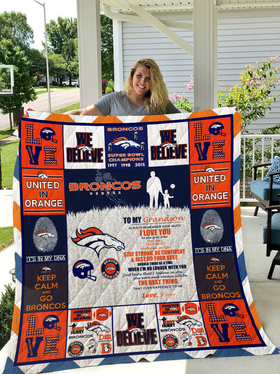 Broncos To My Grandson Love Grandpa Quilt Bedding Set with Personalized Name, Great for Bedroom Decor and Family Gifts