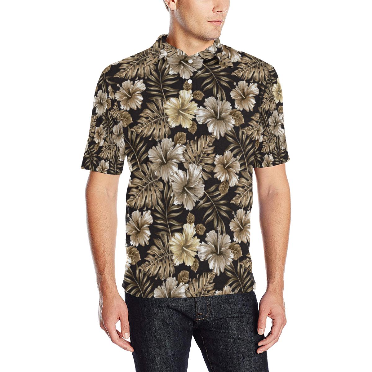 Brown Hibiscus Tropical Men Polo Shirt