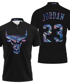 Bulls Michael Jordan Iridescent Holographic Black Jersey Inspired Polo Shirt for Fans