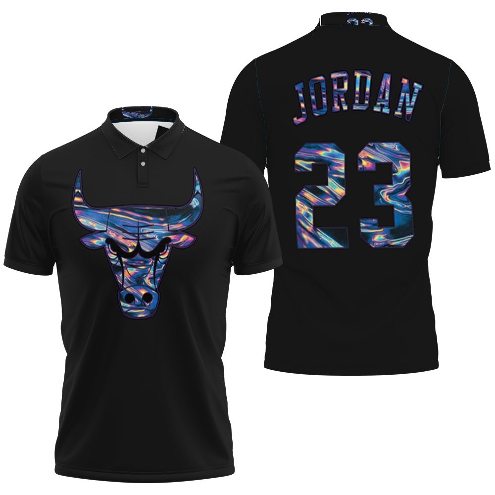 Bulls Michael Jordan Iridescent Holographic Black Jersey Inspired Polo Shirt for Fans