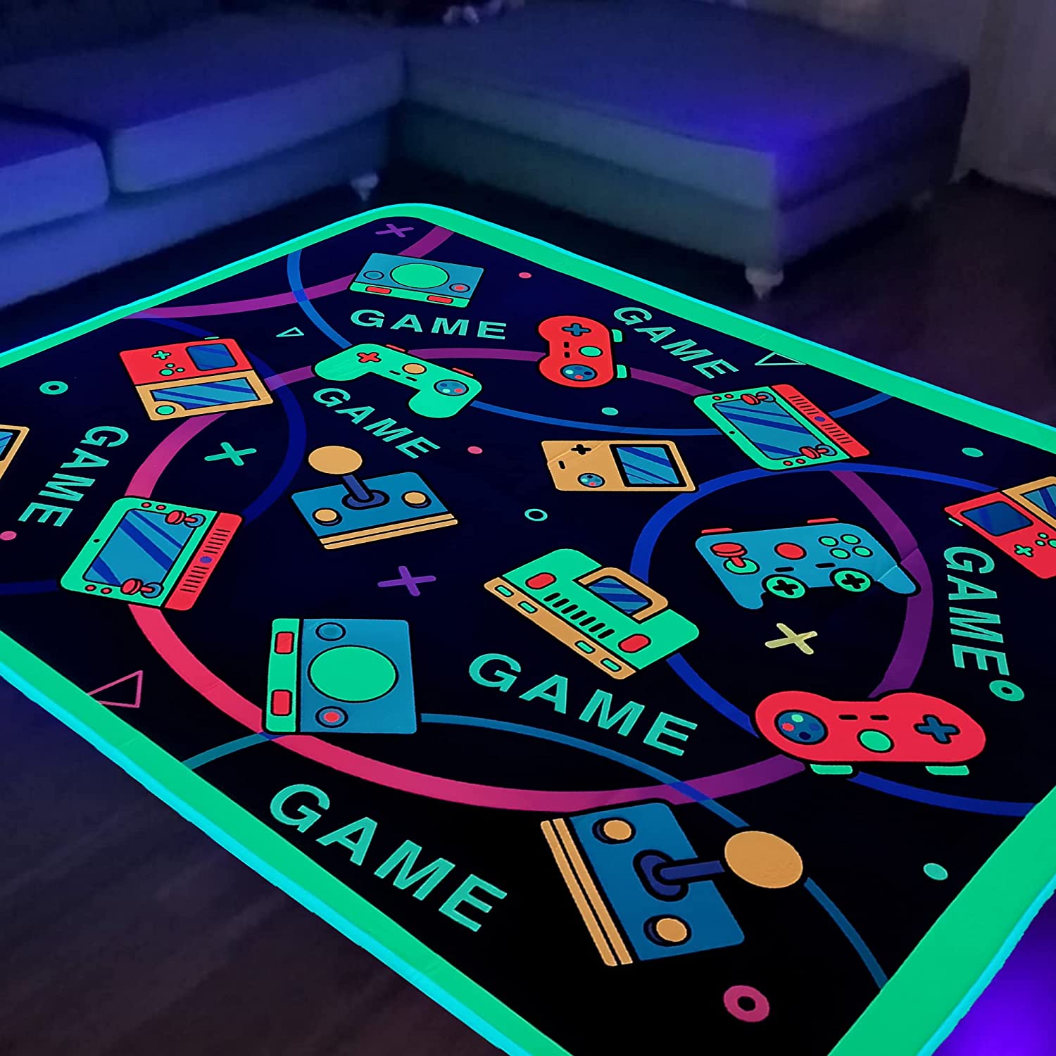 Casual Game Room Mat: Blacklight Gaming Area Rug for Boys and Girls