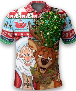 Celtic Style Merry Christmas Ugly Polo Shirt - Drunk Santa and Deer