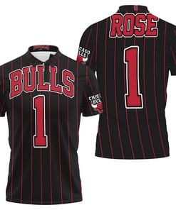 Chicago Bulls Derrick Rose 1 Nba Throwback Red Stripes Black Jersey Inspired Polo Shirt