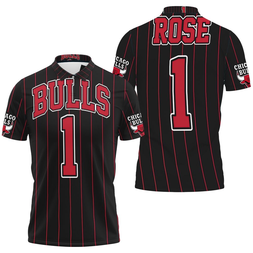 Chicago Bulls Derrick Rose 1 Nba Throwback Red Stripes Black Jersey Inspired Polo Shirt