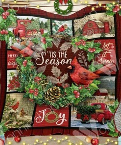 Christmas Red Truck Cardinal Quilt Blanket Bedding Set, Great for Picnic and Family Gifts