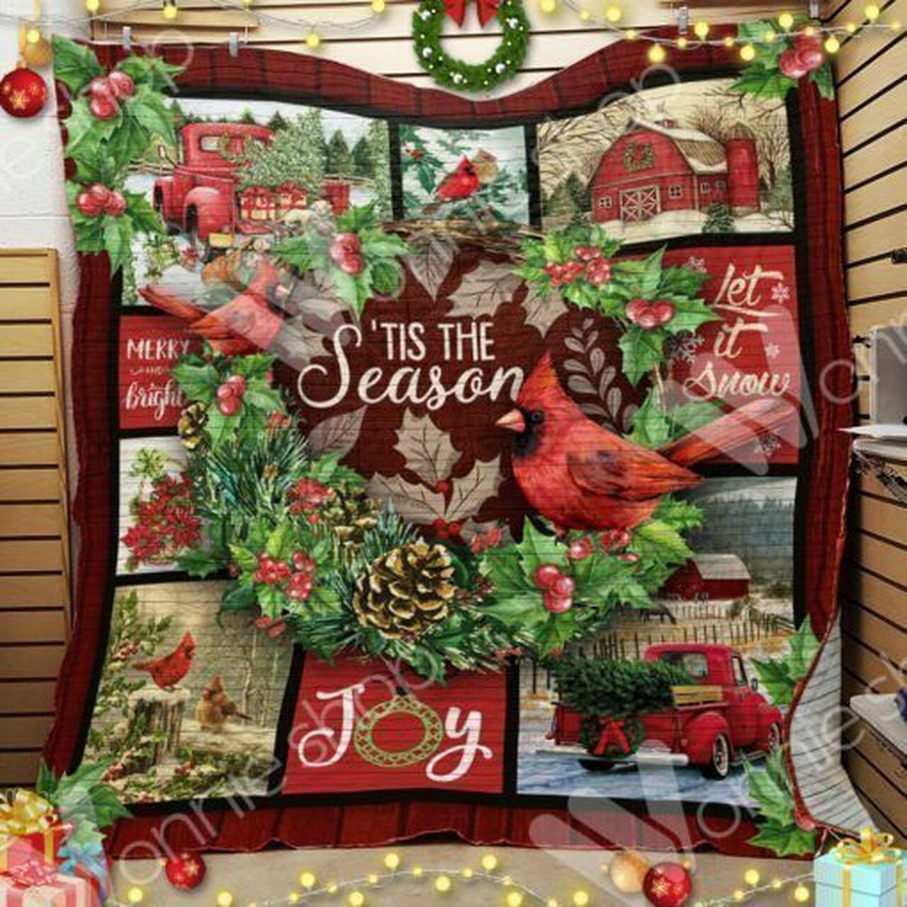 Christmas Red Truck Cardinal Quilt Blanket Bedding Set, Great for Picnic and Family Gifts