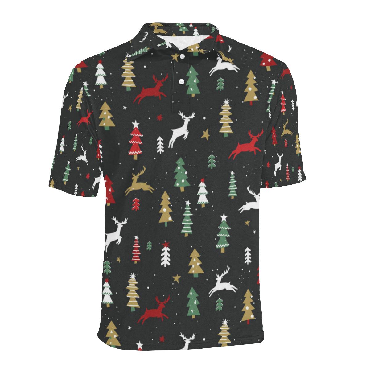 Christmas Tree Deer Style Pattern Print Design 03 Men Polo Shirt - Image 2