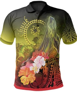 Chuuk Polo Shirt - Humpback Whale with Tropical Flowers (Yellow)