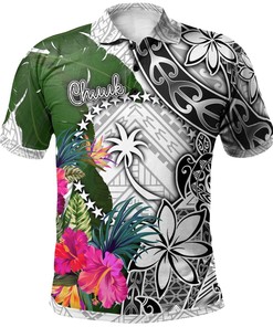 Chuuk Polo Shirt White - Turtle Plumeria Banana Leaf