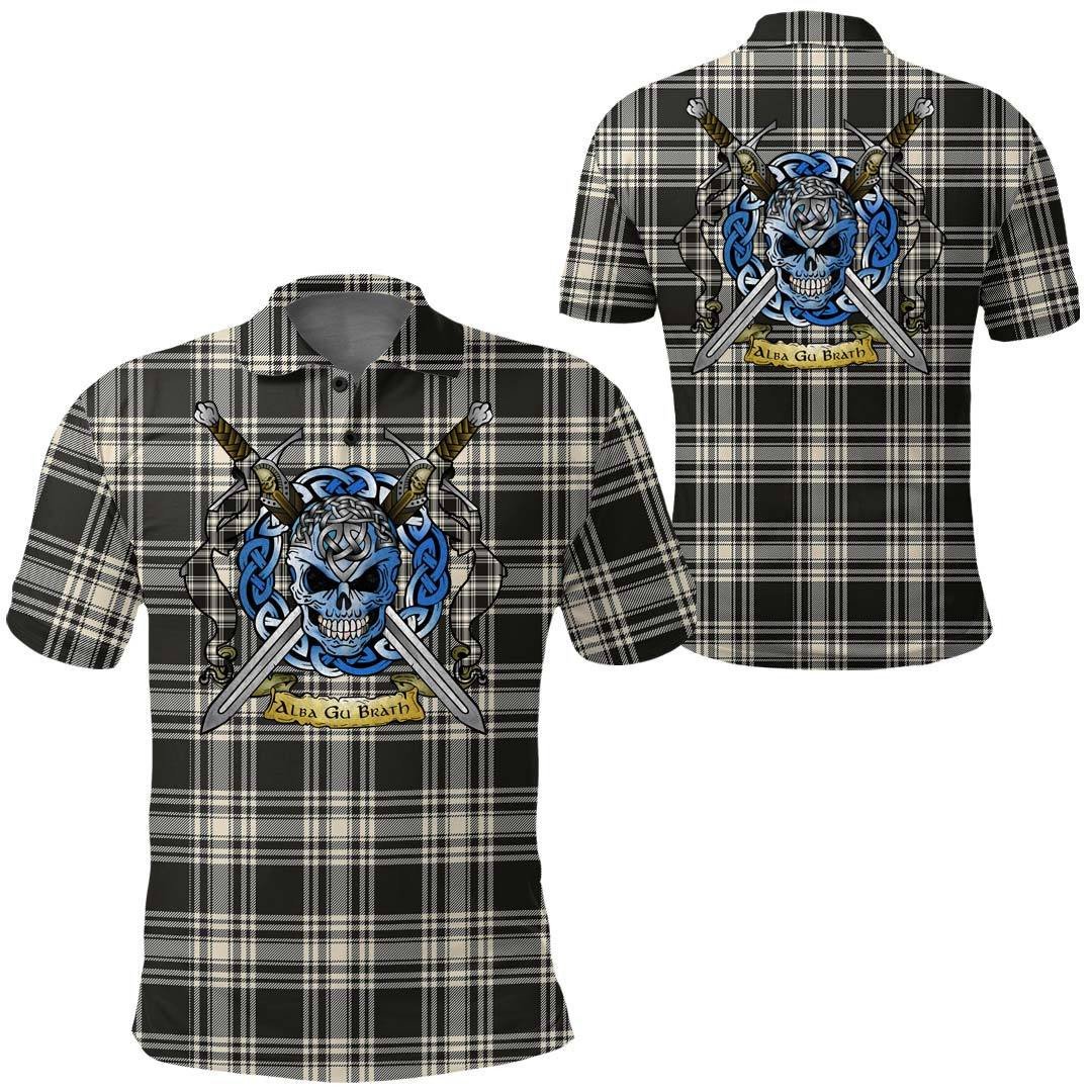 Clothing - Menzies Black & White Ancient Tartan Polo Shirt Celtic Scottish Warrior - Golf Shirt