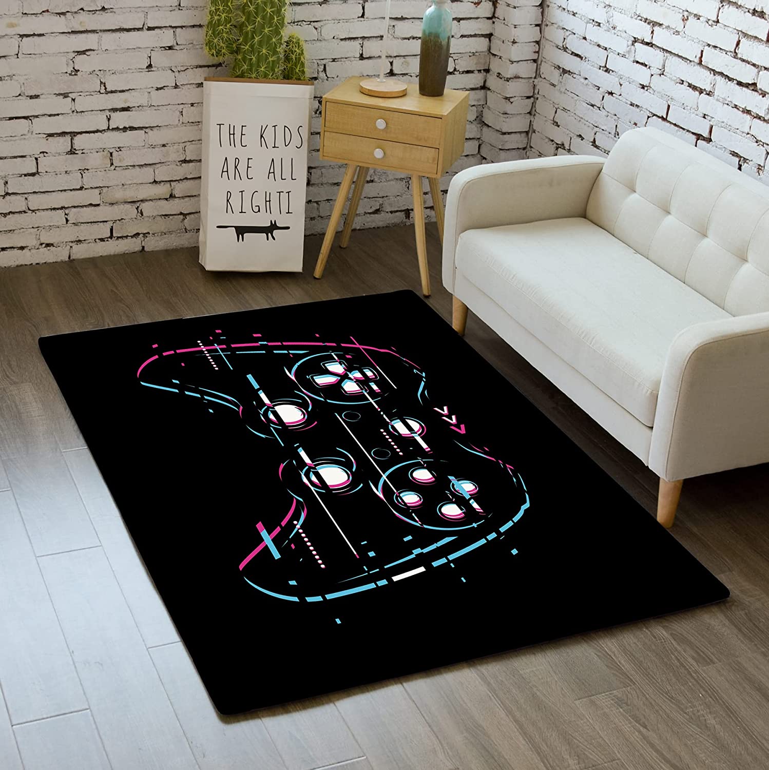 Colorful Gamer Rug with Game Controller and Video Player Design for Game Room and Bedroom