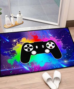 Colorful WOKB Video Game Rug for Gaming Bedroom and Living Room, Non-Slip Polyester Doormat