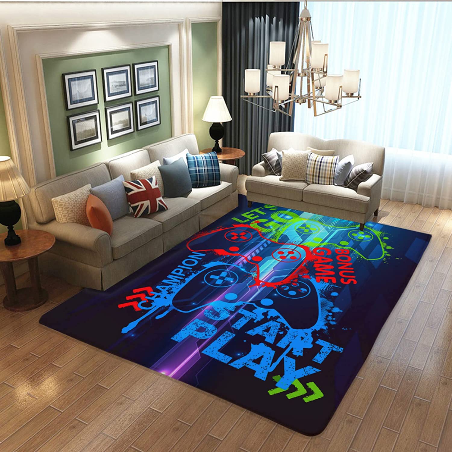Controller Gamepad Area Rug for Gamer Boys Room - Non-Skid Crystal Polyester Carpet for Playroom or Sofa