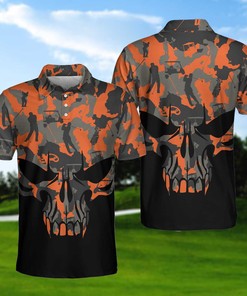 Cool Golf Player Orange Camo Skull Polo Shirt