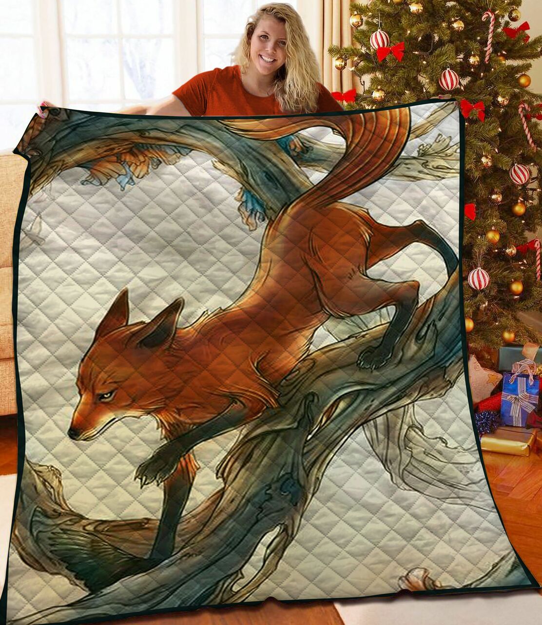 Custom Fox Quilt Blanket Set with Name or Quote, Ideal for Home Decoration and Picnic
