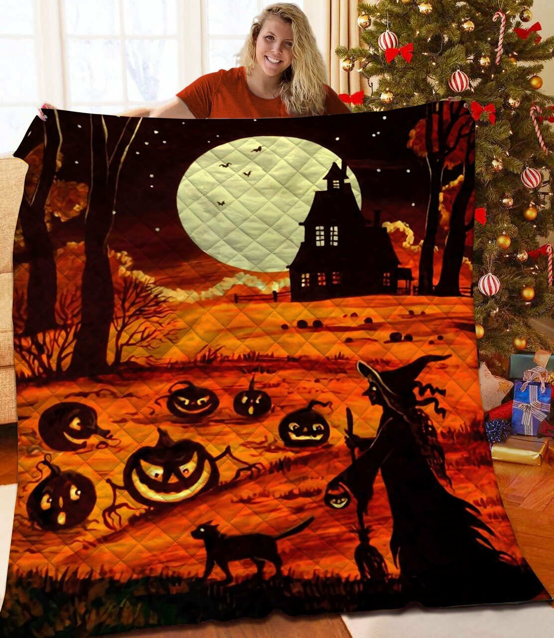 Custom Halloween Quilt and Blanket Set - Perfect for Bedroom Decor and Family Gifts