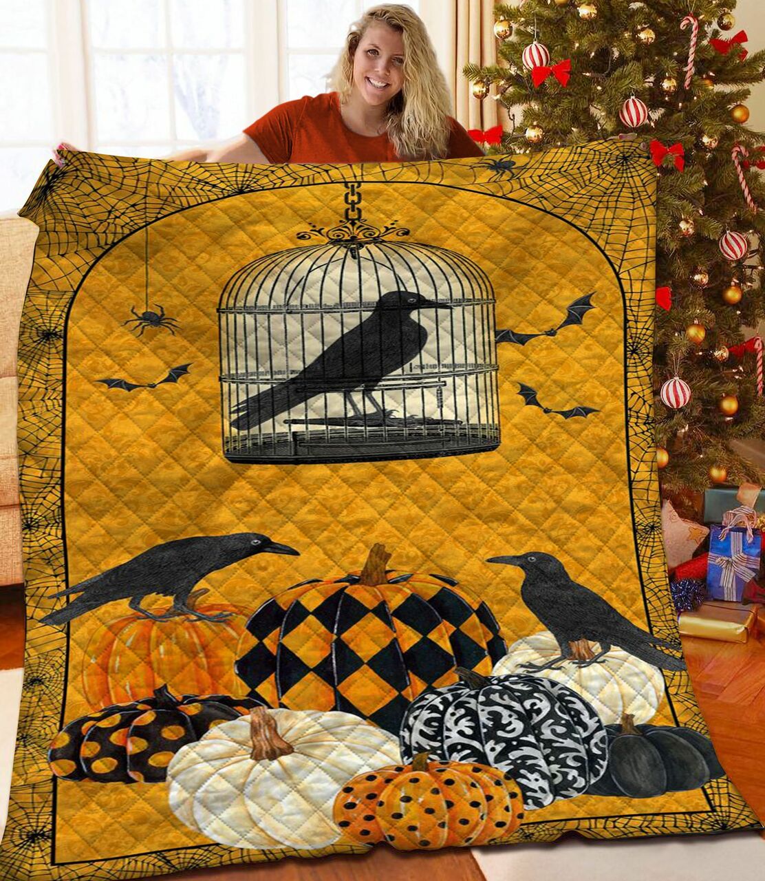 Custom Halloween Quilted Bedding and Pillow Covers Set - Suitable for Home Decoration and Family Gifts