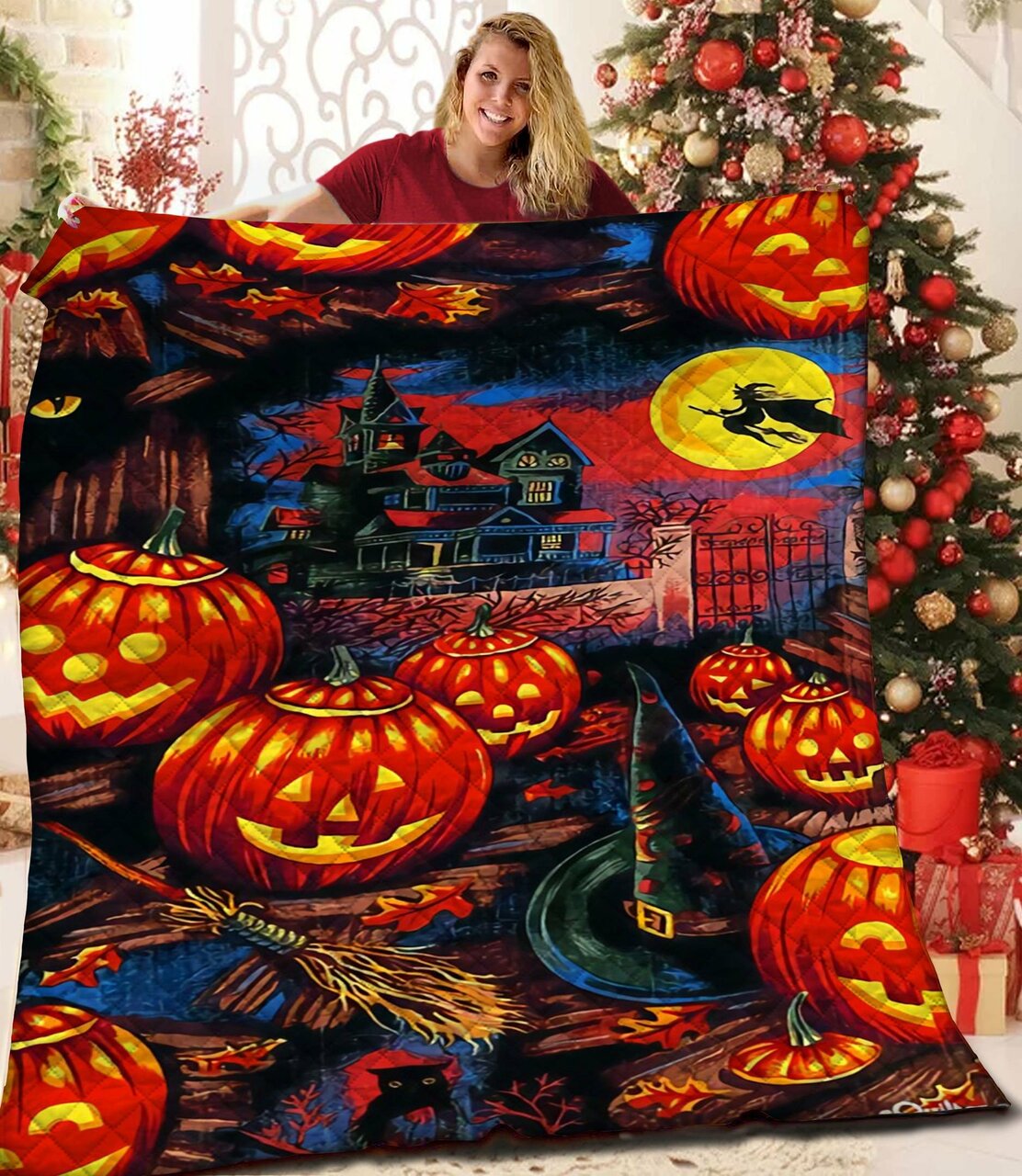 Custom Halloween Quilted Bedspread and Pillow Cover Set - Suitable for Home Decoration and Family Gifts
