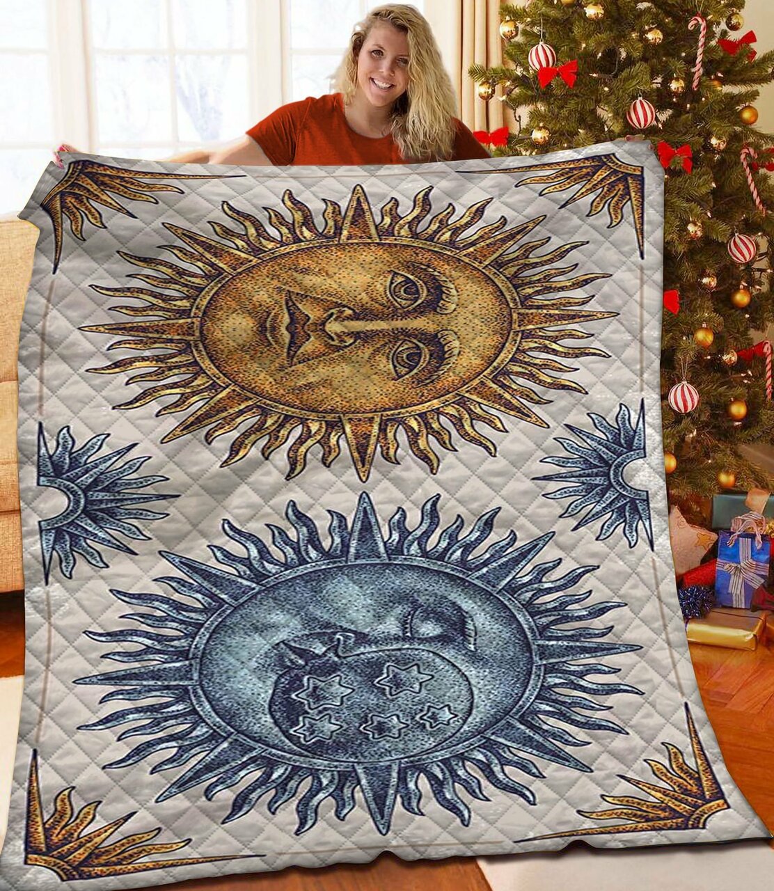 Custom Hippy Sun And Moon Quilt Blanket Bedding Set for Bedroom Decoration and Family Gifts