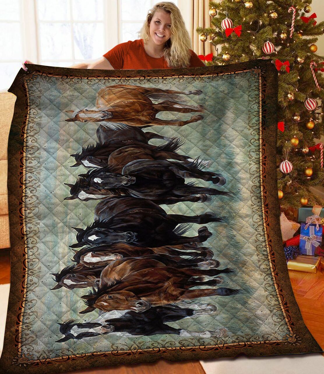 Custom Horse Quilt Bedding Set with Personalized Pillowcases - Perfect for Family Gifts