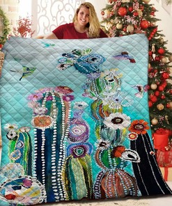 Custom Hummingbird Cactus Quilt Blanket Bedding Set for Bedroom Decoration and Family Gifts