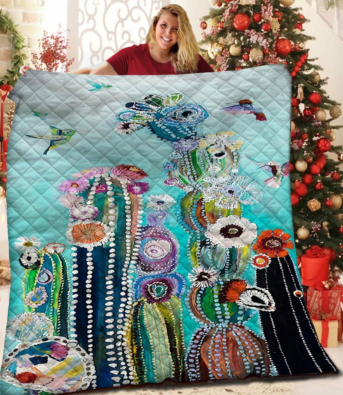 Custom Hummingbird Cactus Quilt Blanket Bedding Set for Bedroom Decoration and Family Gifts