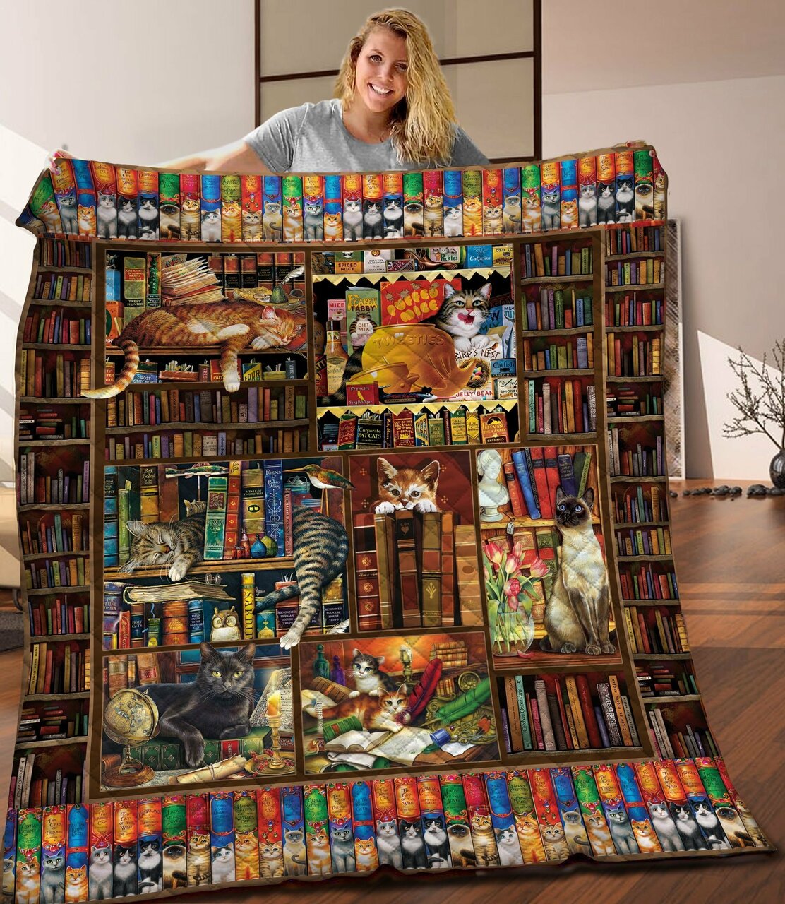 Customizable Book and Cat Quilt Blanket Bedding Set for Bedroom Decor, Great for Family Gifts
