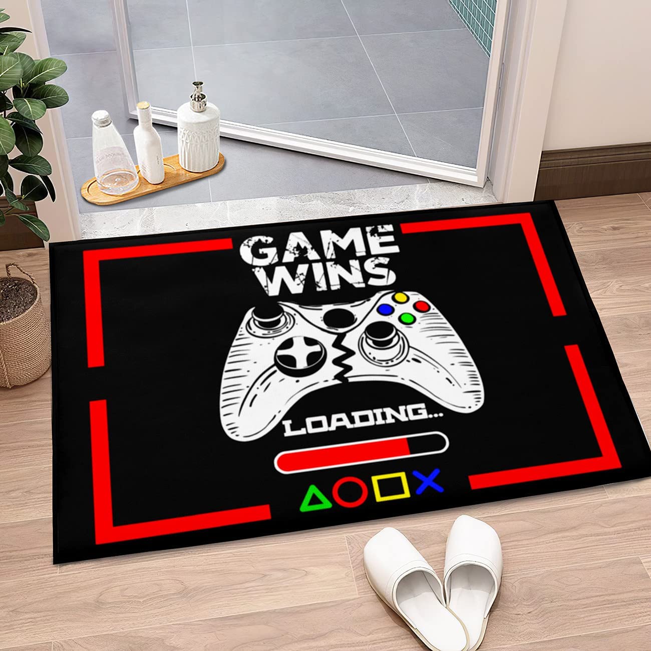 Customizable Gaming Rugs for Room, White Gamepad Print with Black Carpets and Mats, Personalize Name or Sentence