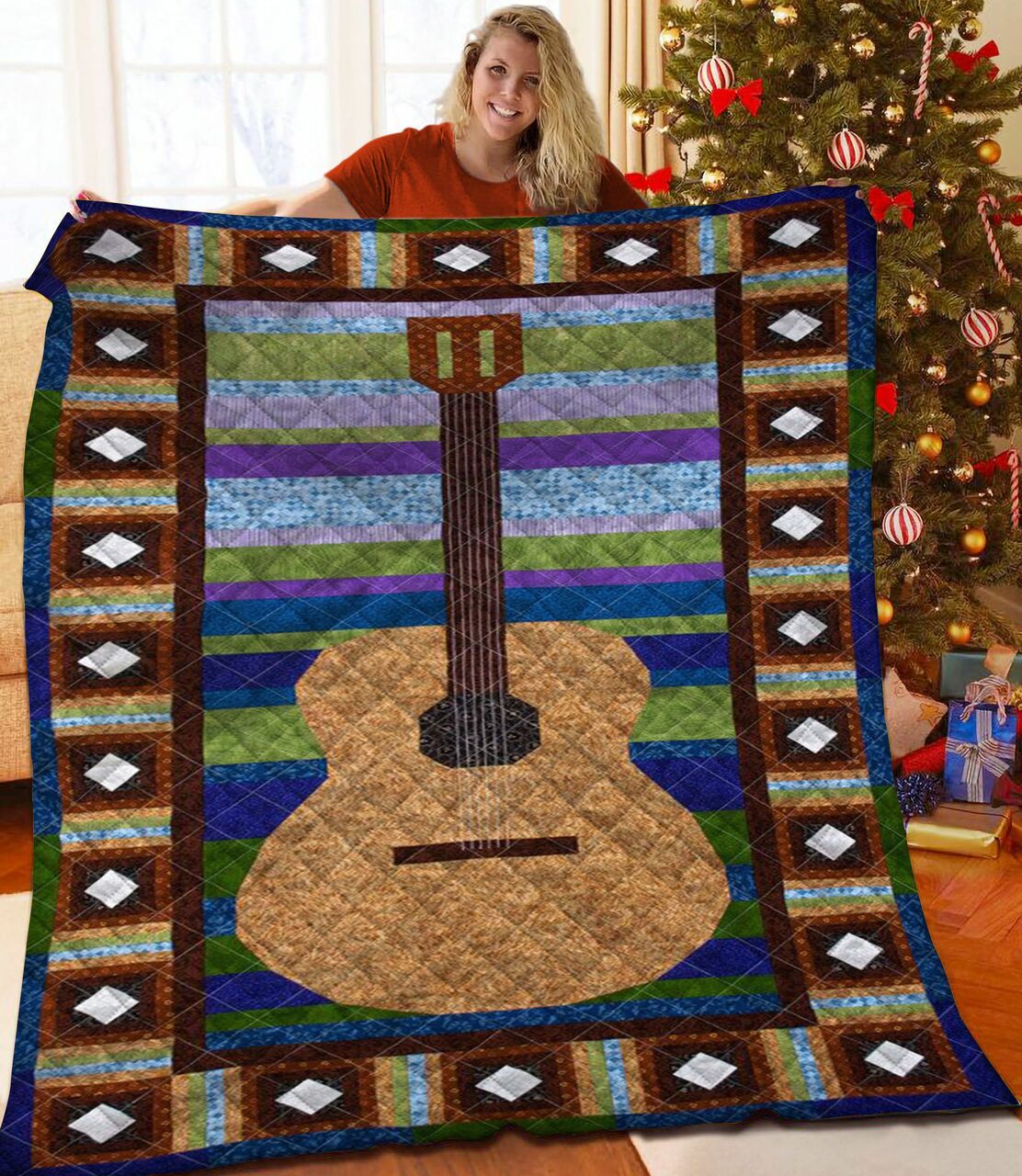 Customizable Guitar Quilt Bedding Set with Pillowcases for Home and Family Gifts