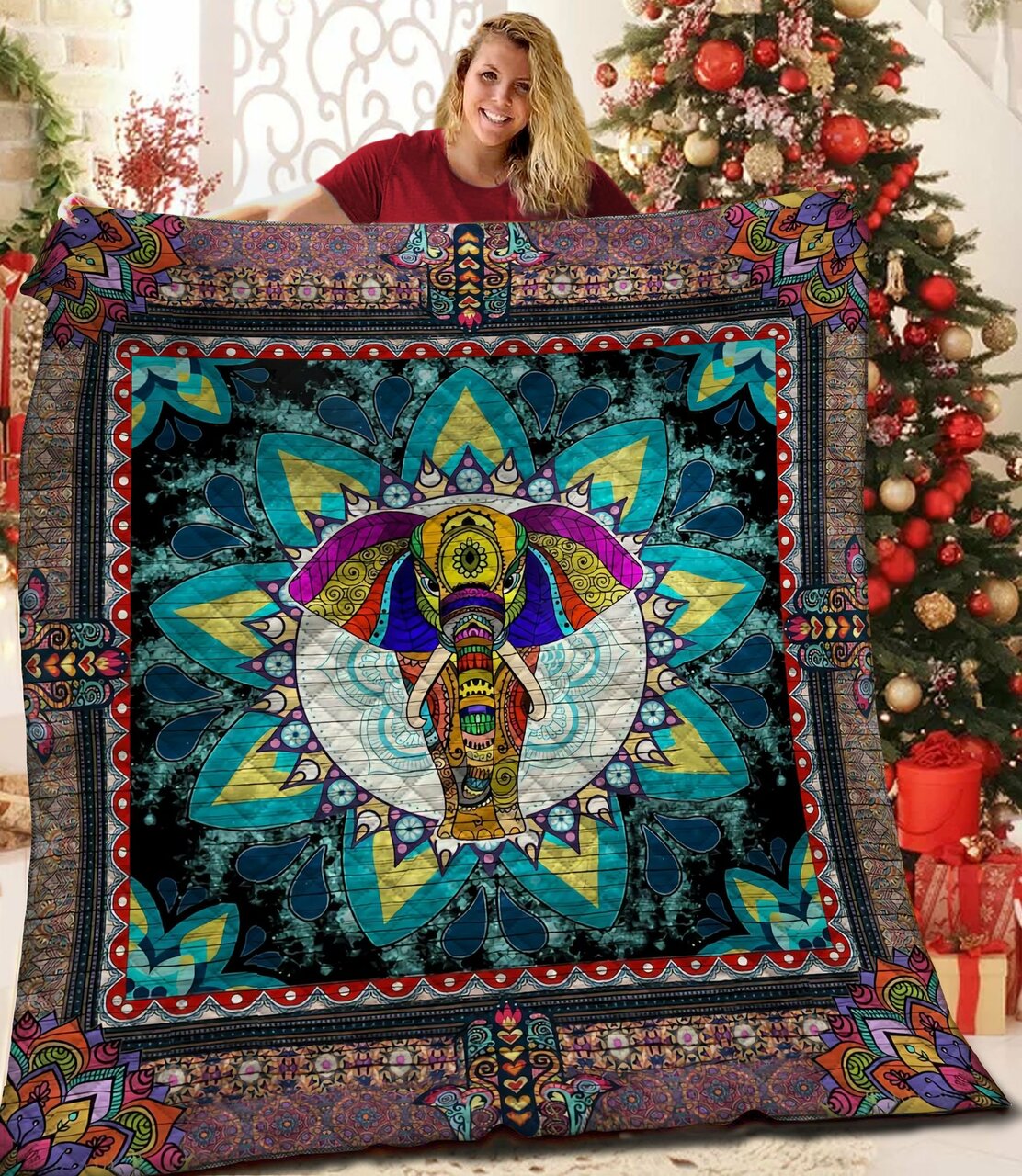 Customizable Mandala Elephant Quilt Blanket Bedding Set Great for Bedroom Decor and Family Gifts
