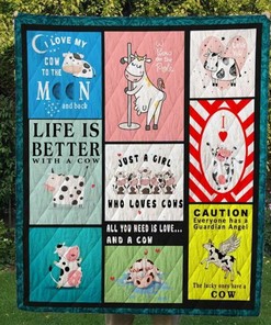 Cute Cow in Blue Quilt Bedding Set Blanket for Cozy and Farm Style Home Decor - Family Gifts
