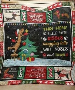 Dachshund Christmas Quilt Bedding Set with Custom Name, Great for Home Decoration and Family Gifts