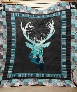 Deer Hunting Blue Gradient Quilt Bedding Set Blanket Gifts For Hunting Lover