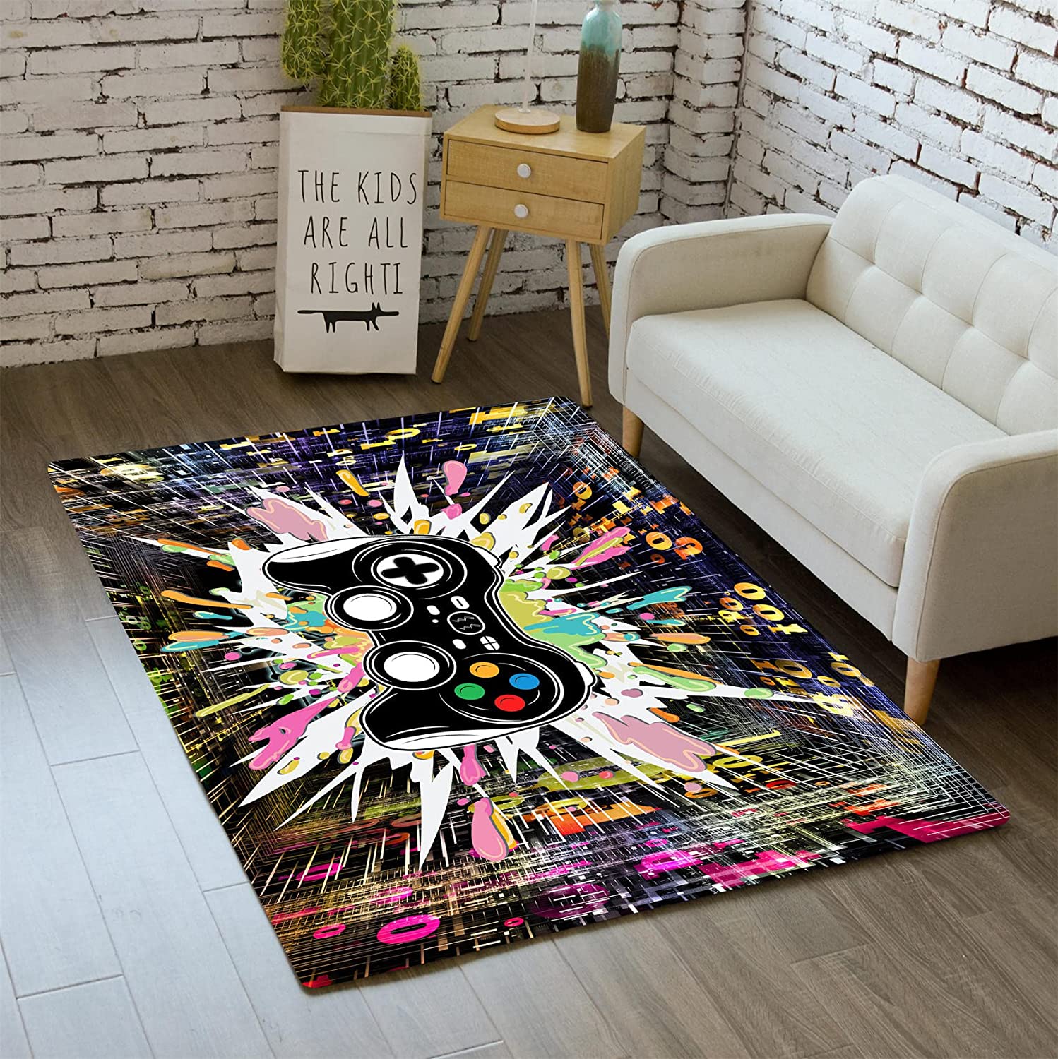 Digital Space Crystal Floor Mat - Black Gamepad Area Rug 3D Printed Video Game Controller for Gaming Decor