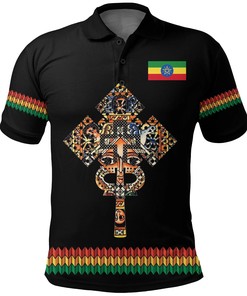 Ethiopian Polo Shirt Coat Of Arms Habesha Holy Cross Black