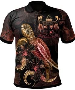 FiJi Polynesian Polo Shirt - Turtle With Blooming Hibiscus Gold