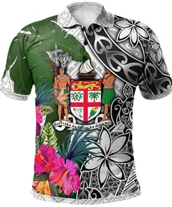 Fiji Polo Shirt White - Turtle Plumeria Banana Leaf Crest