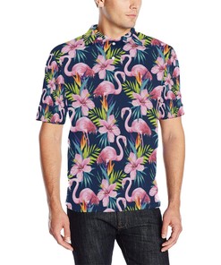 Flamingo Hibiscus Print Men Polo Shirt