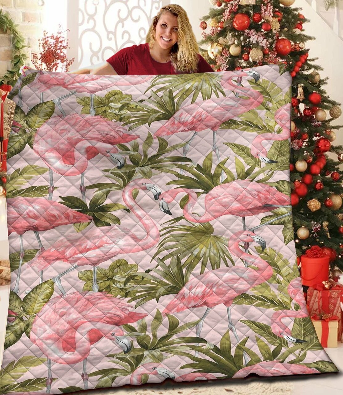 Flamingo Quilt Bedding Set with Personalized Name for Bedroom Decor and Gifts for Family