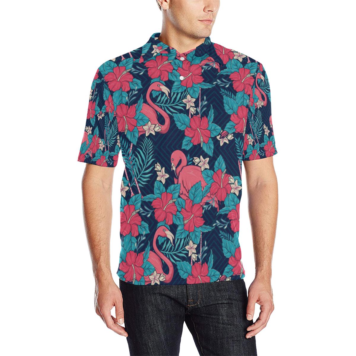 Flamingo Red Hibiscus Pattern Men Polo Shirt
