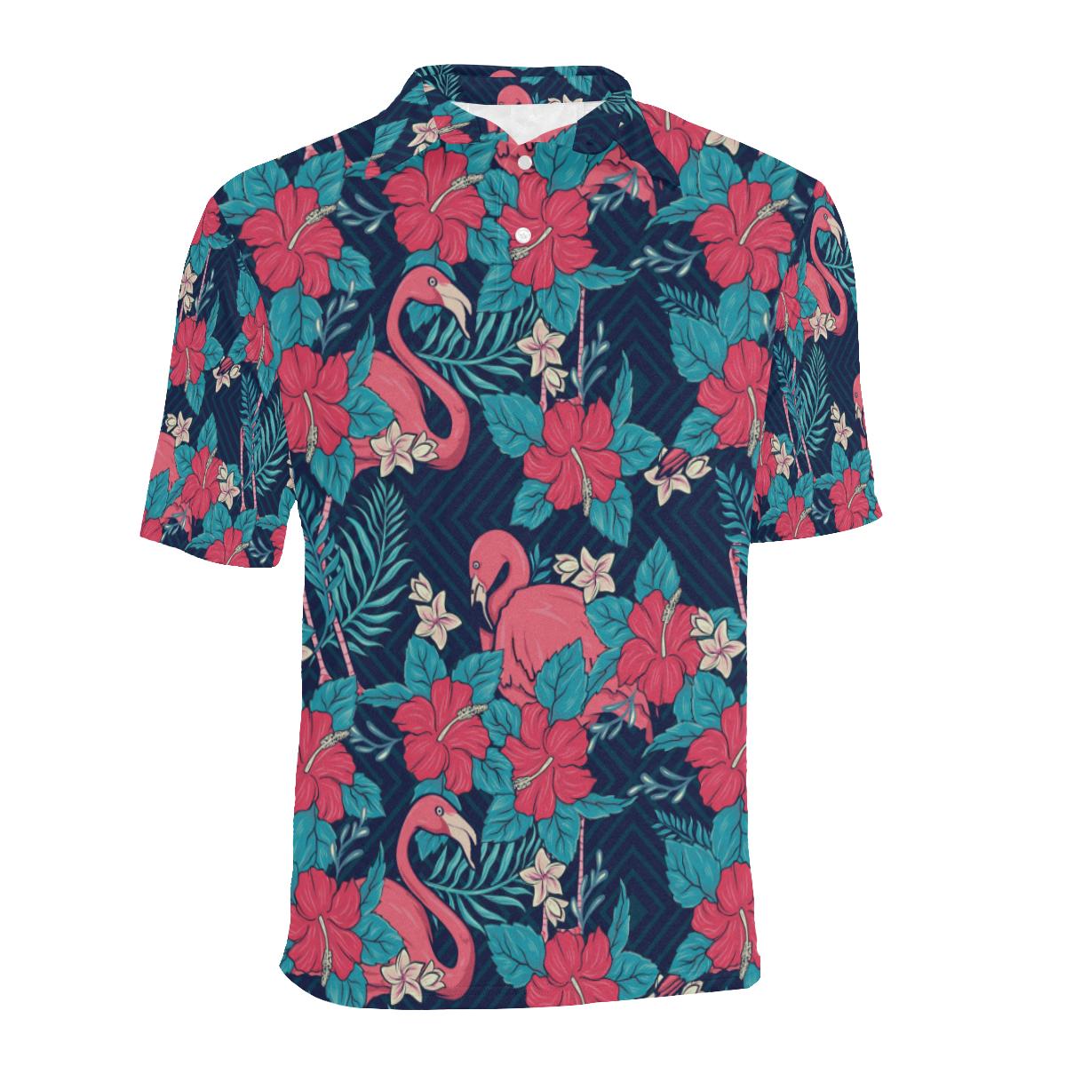 Flamingo Red Hibiscus Pattern Men Polo Shirt - Image 2
