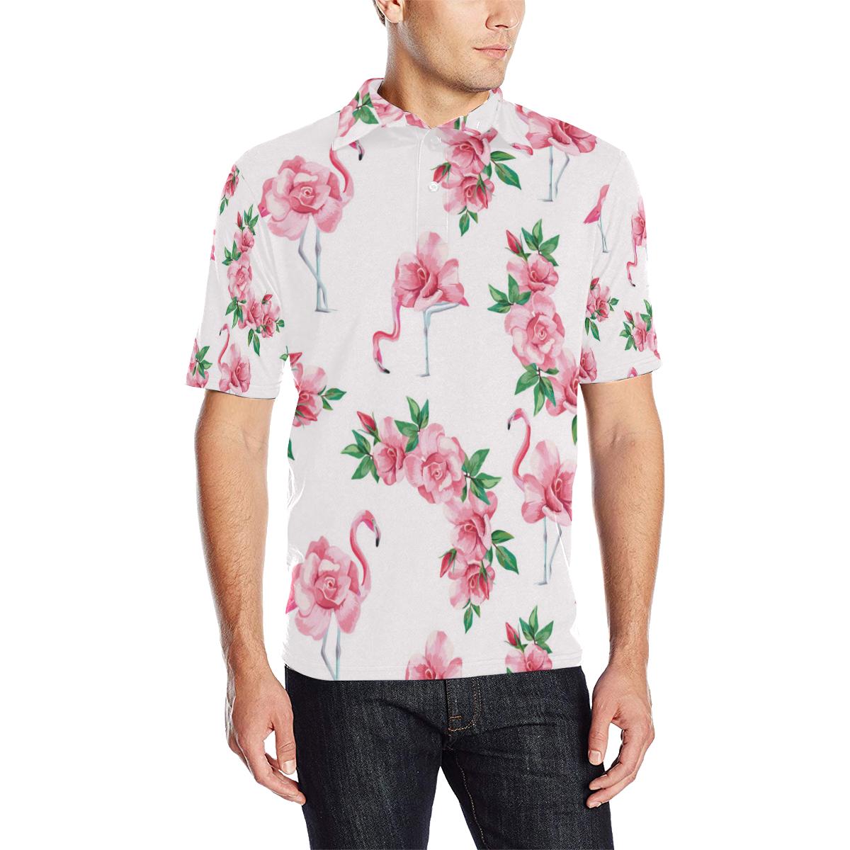 Flamingo Rose Pattern Men Polo Shirt