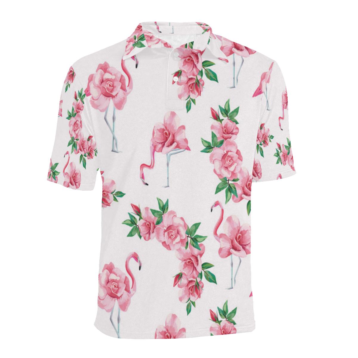 Flamingo Rose Pattern Men Polo Shirt - Image 2