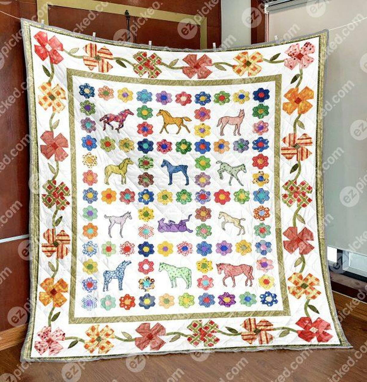 Floral Horse Quilt Blanket Bedding Set - Great for Bedroom Decor and Family Gifts