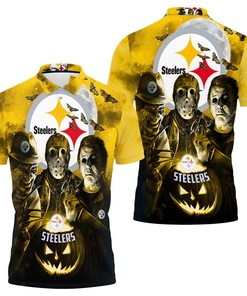 Freddy Jason Michael Myers Loves Pittsburgh Steelers Pumpkin Head Halloween 3D Polo Shirt