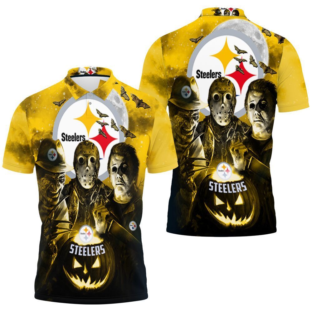 Freddy Jason Michael Myers Loves Pittsburgh Steelers Pumpkin Head Halloween 3D Polo Shirt