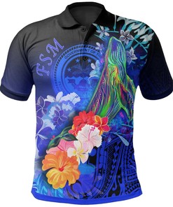 Fsm Polo Shirt - Humpback Whale with Tropical Flowers (Blue)